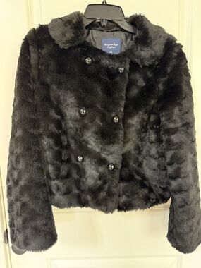 American Eagle Outfitters Black Faux Fur Double-Breasted Teddy Jacket